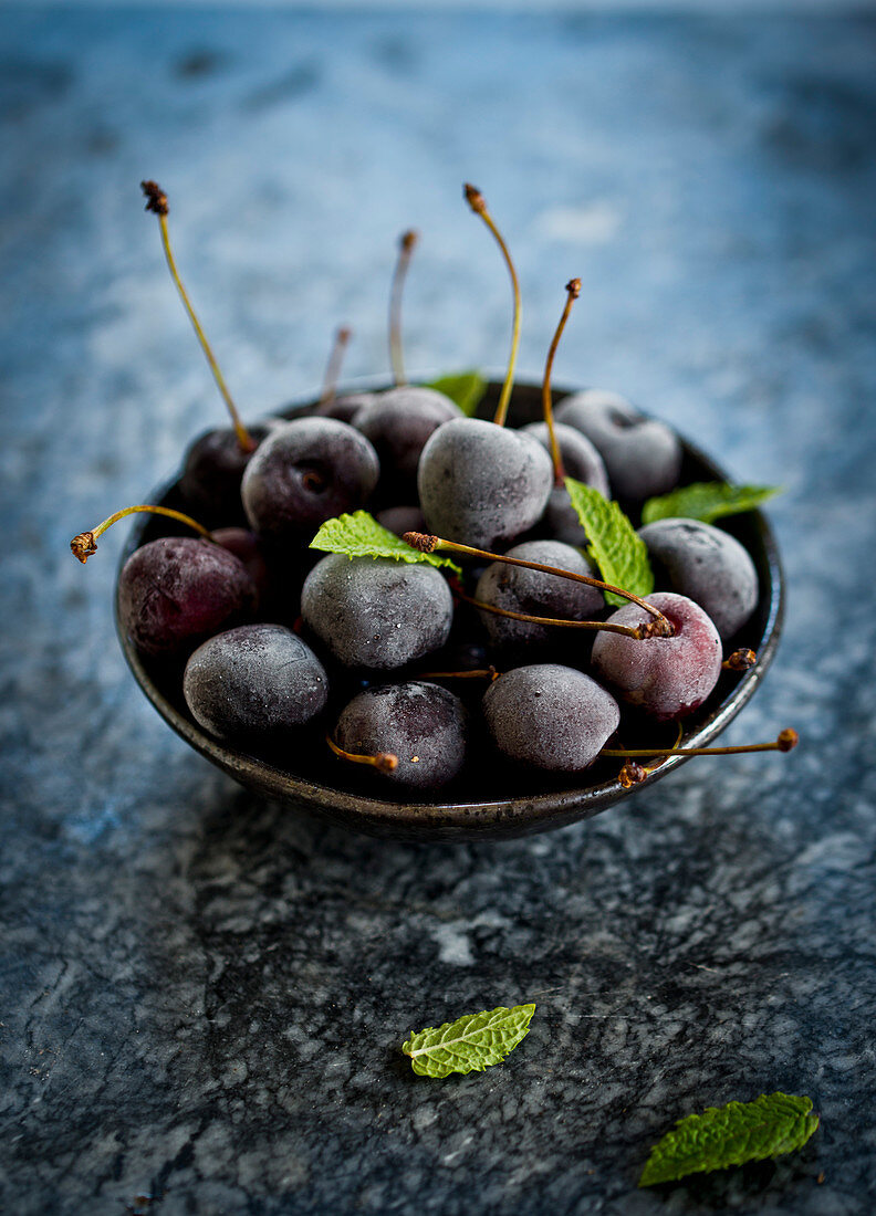 Frozen cherries in a bowl