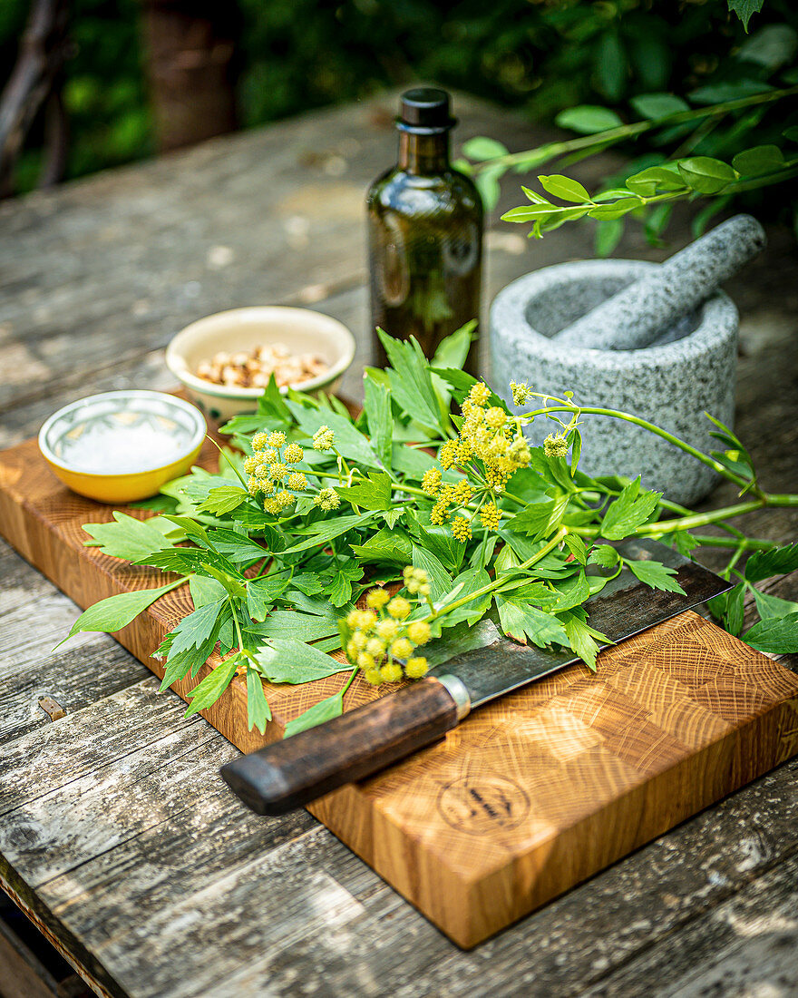 Ingredients for lovage pesto on an outdoor table