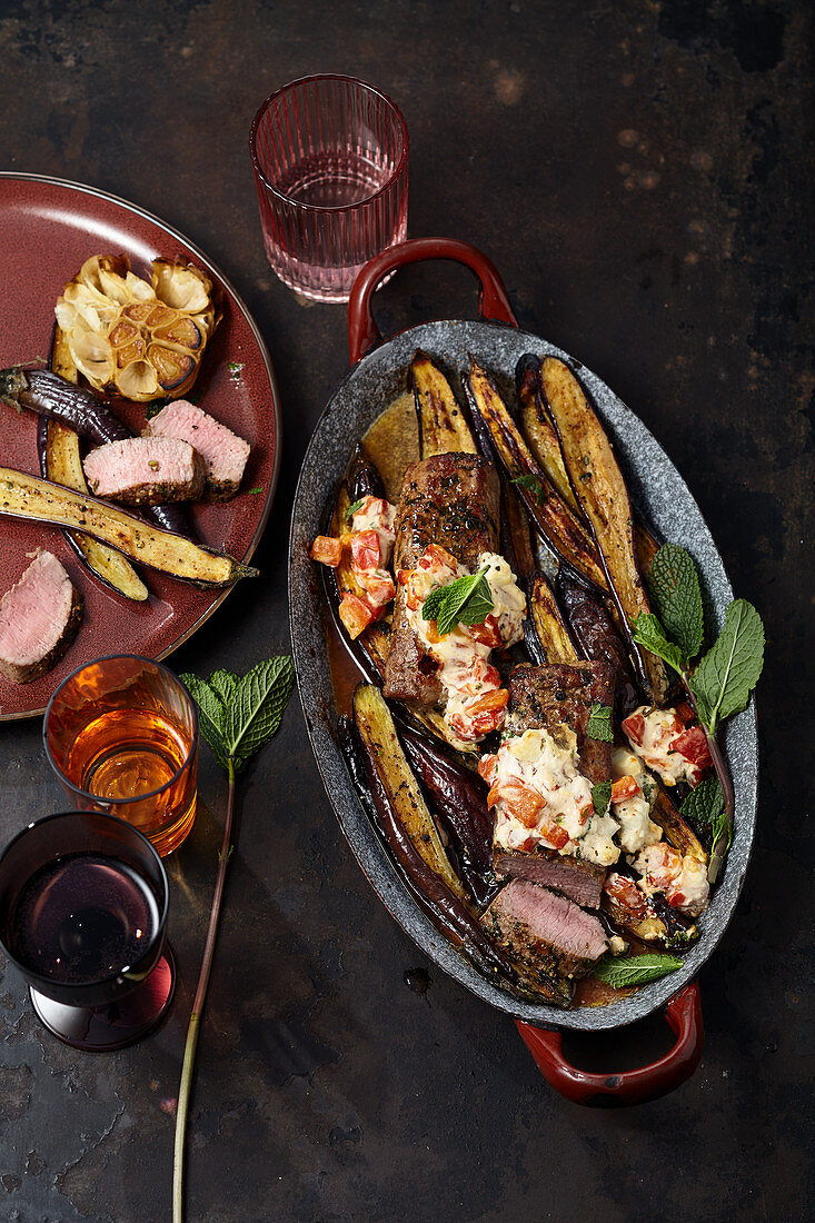 Eggplant and lamb with warm pepper yogurt