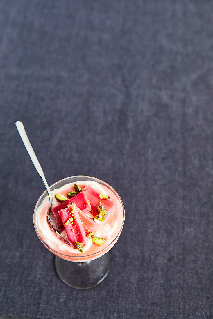 Rhubarb fool with confit rhubarb and pistachios