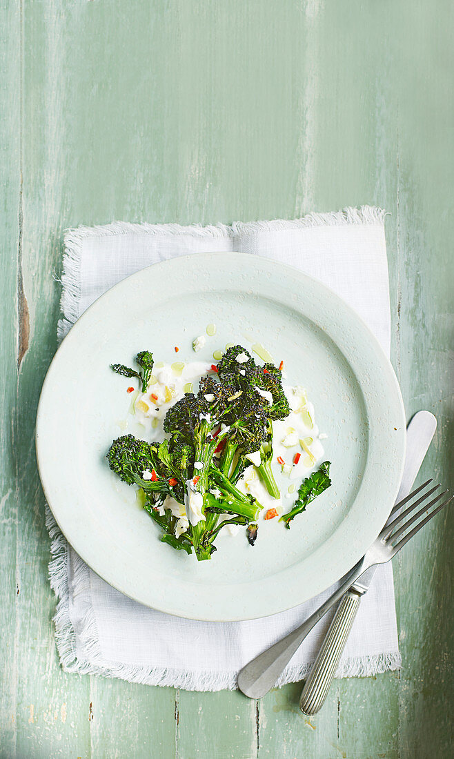 Fried broccolini with feta, yogurt and pickled lemons