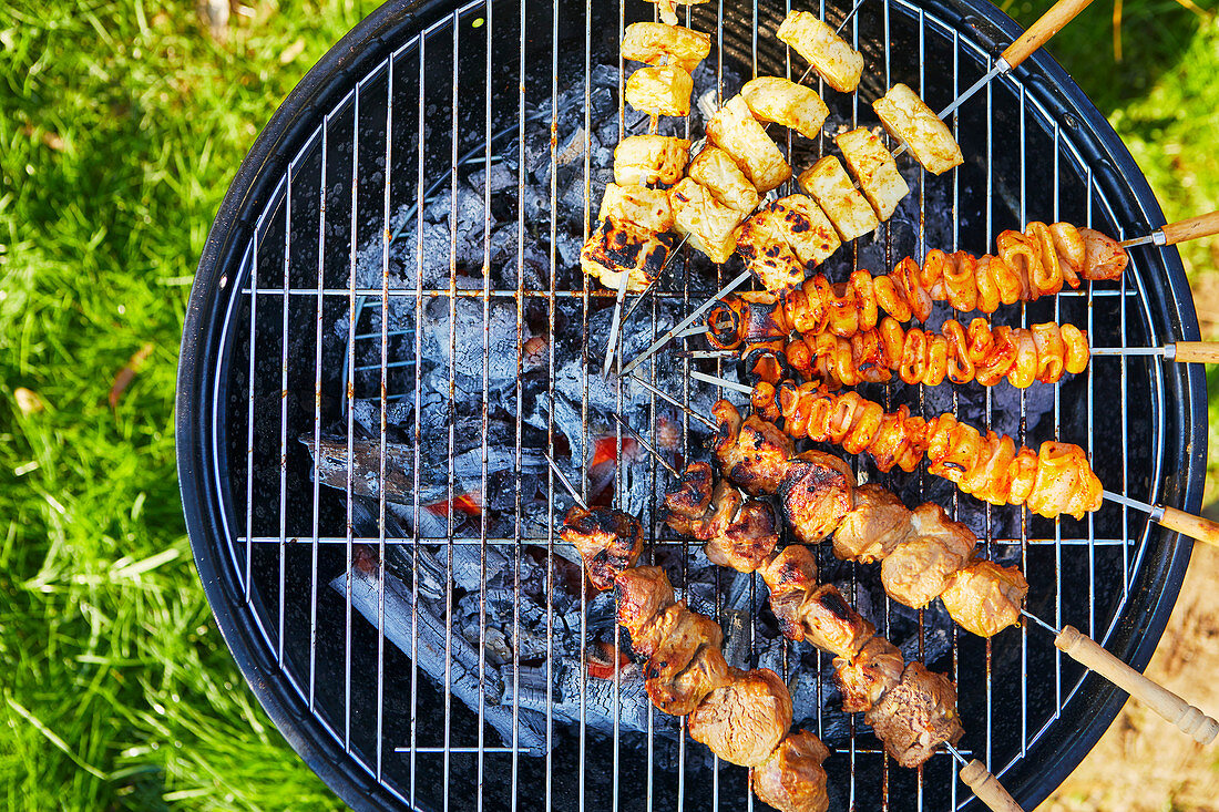 Different skewers on a charcoal grill