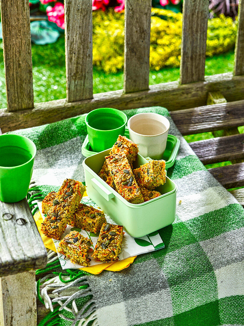 Spicy flapjacks with cheese, seeds and chives for a picnic