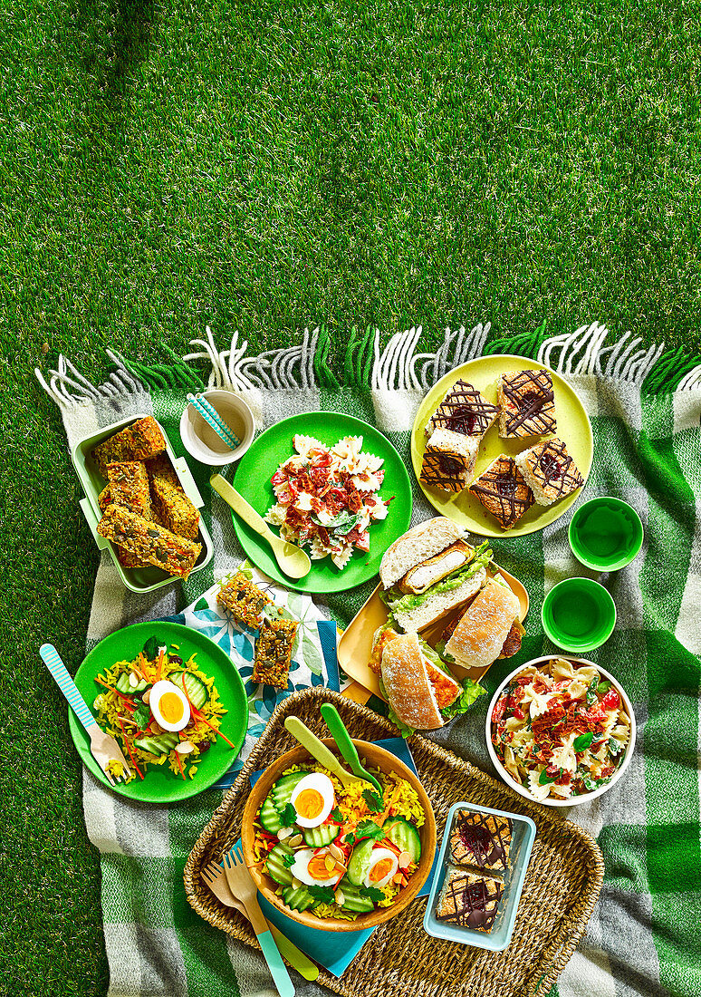 Picknick mit pikanten und süssen Gerichten auf Picknickdecke