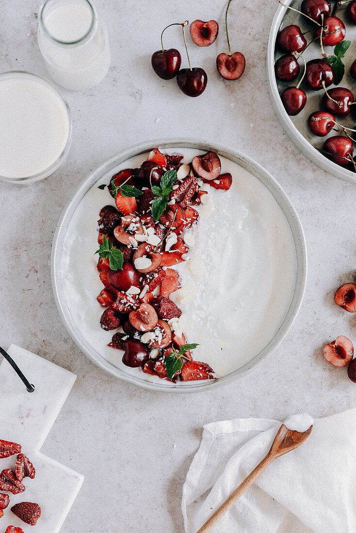 Yogurt with cherries and strawberries