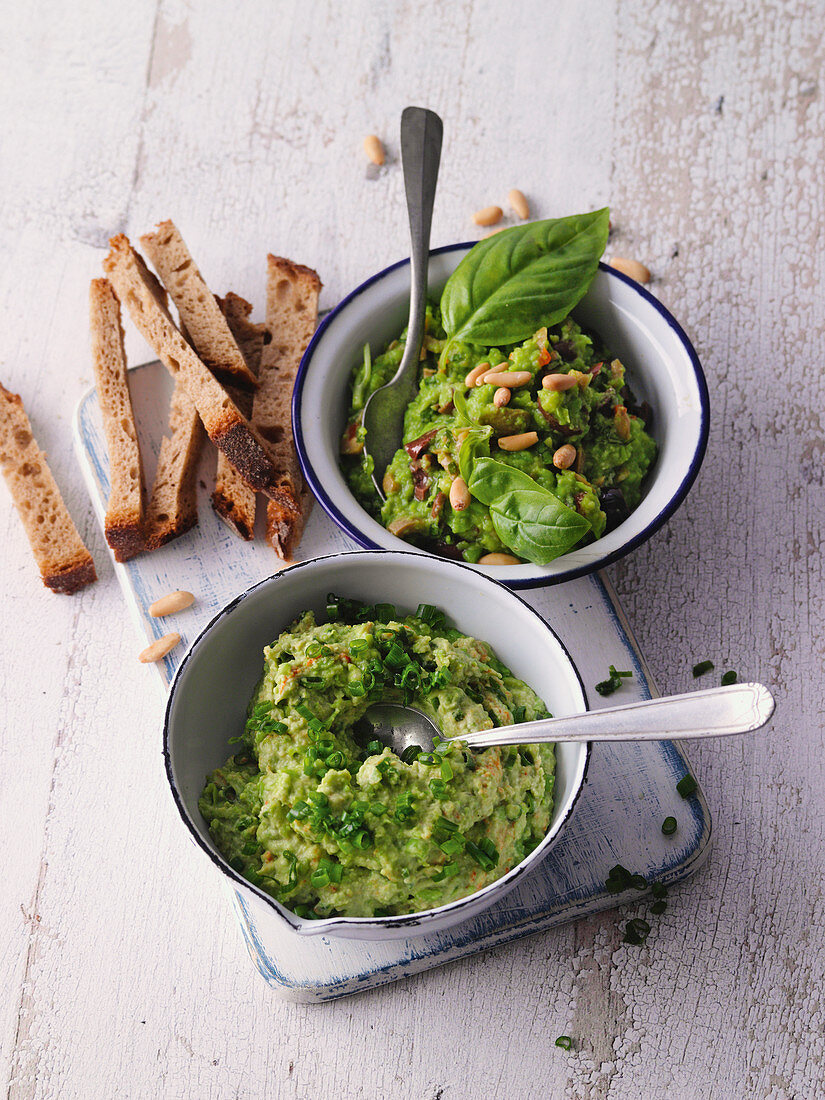 Two kinds of broad bean dips, Mediterranean and Arabic