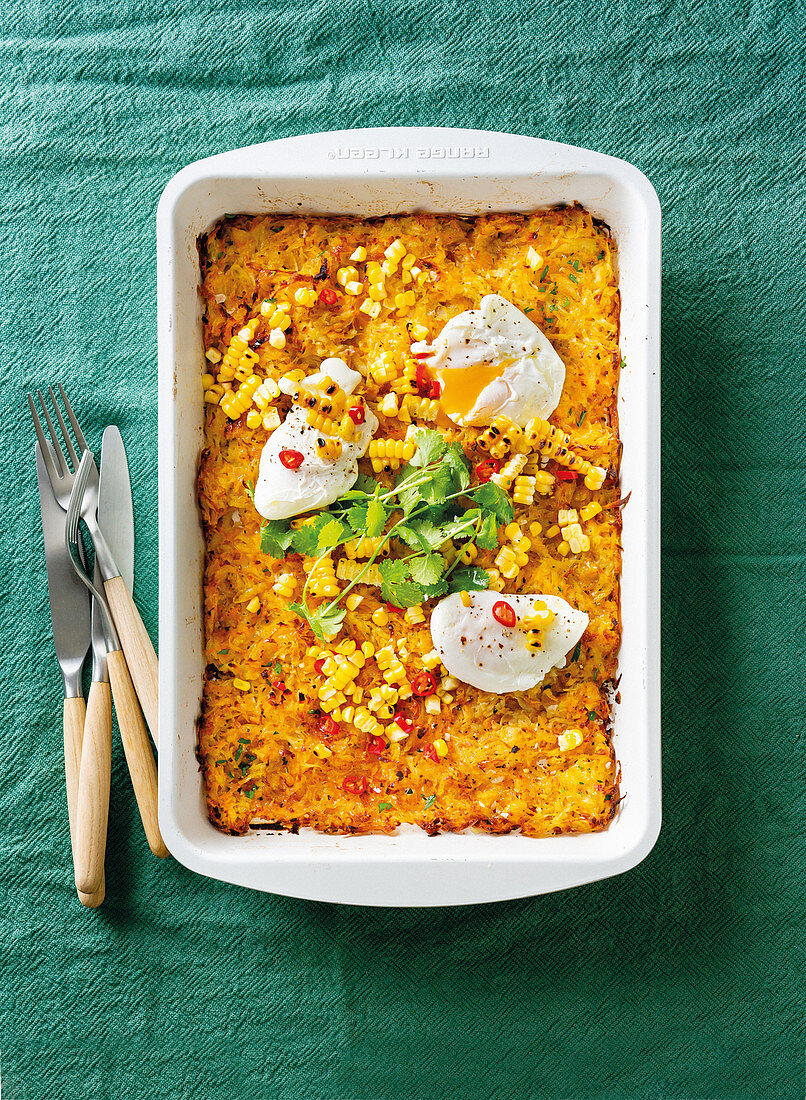 Gebackene Butternusskürbis-Rösti mit pochierten Eiern