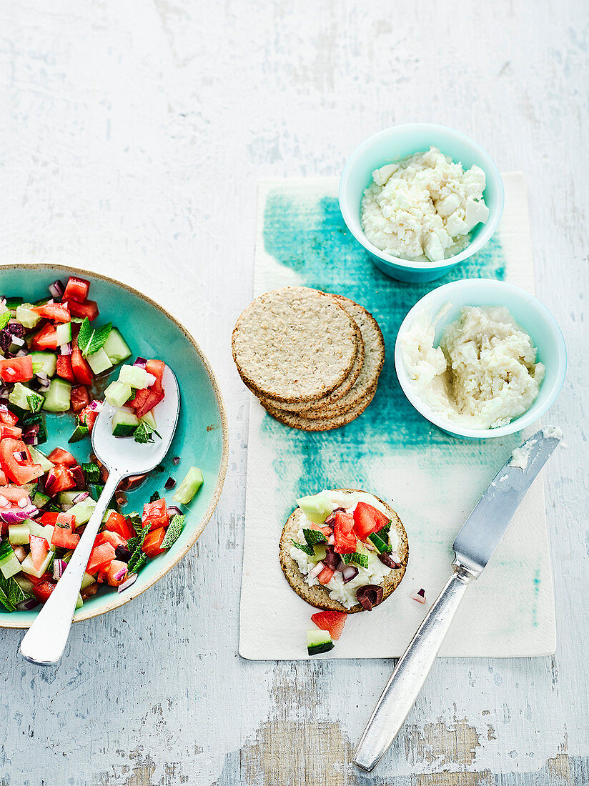 Bean and feta spread with oatcakes and greek salad salsa