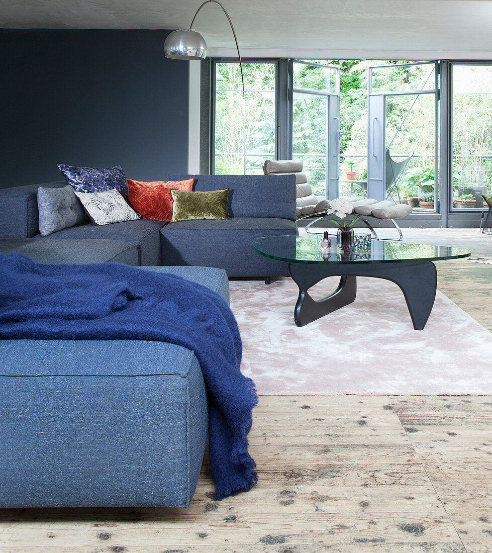 Gray upholstered suite and coffee table in the lounge area