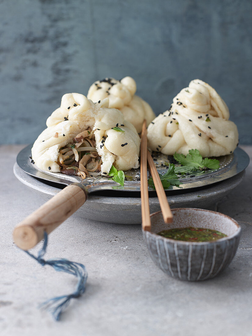 Hom Bao (steamed yeast dumplings) with mushroom filling