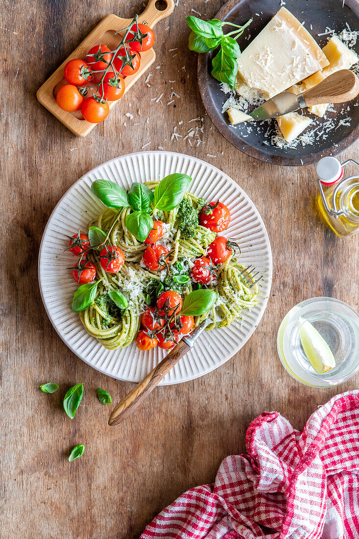 Spaghetti with Pesto Genovese and cherry tomatoes