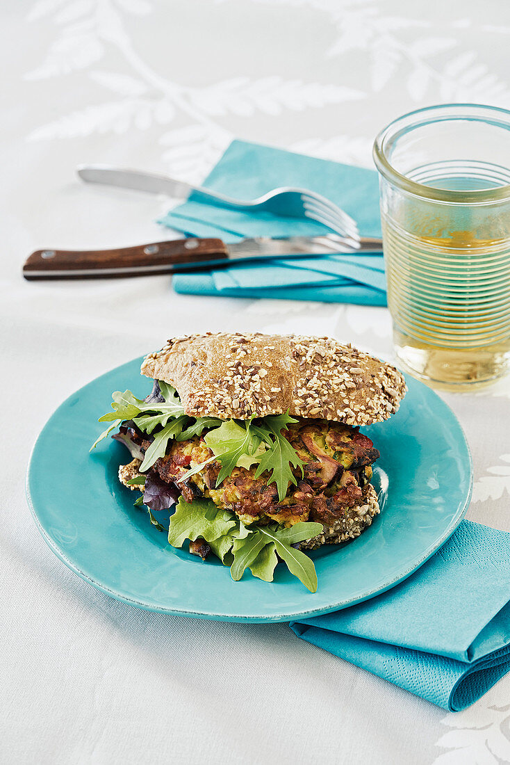 Veggie burger with shiitake edamame patties