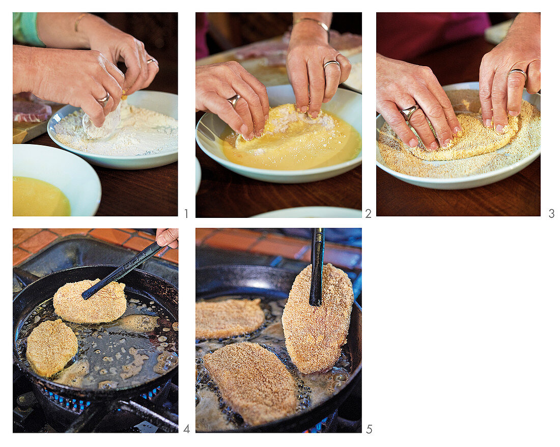 Breading and frying Wiener Schnitzel