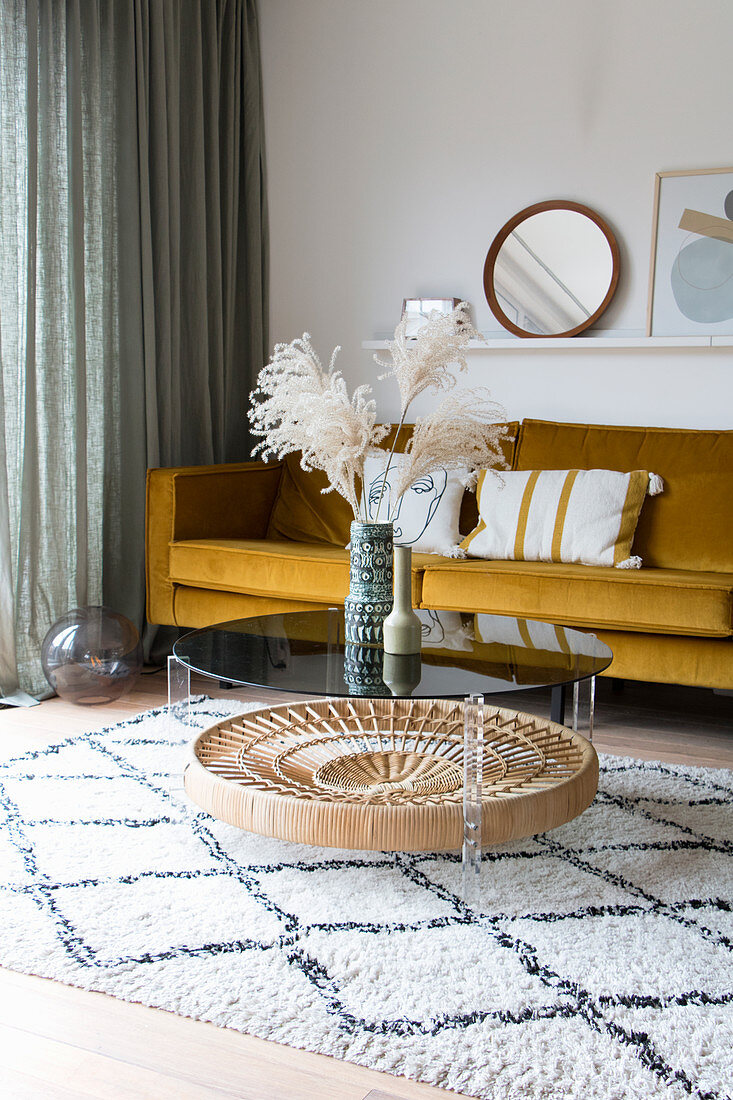 Pampas grass on coffee table in vintage-style living room