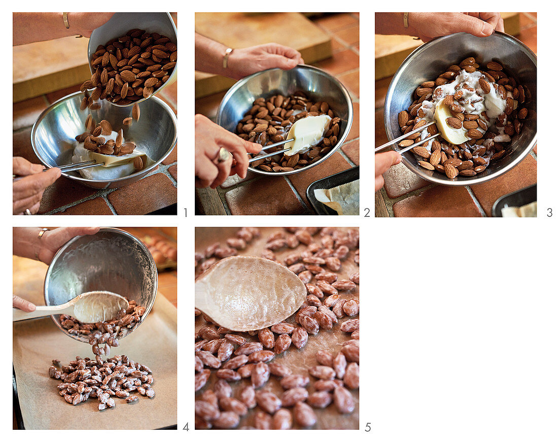 Baked almonds with sea salt being made