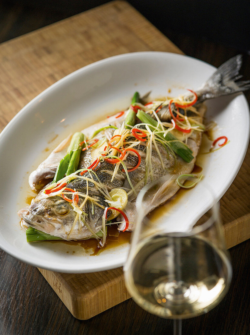 Steamed bass with ginger, spring onions and soy sauce