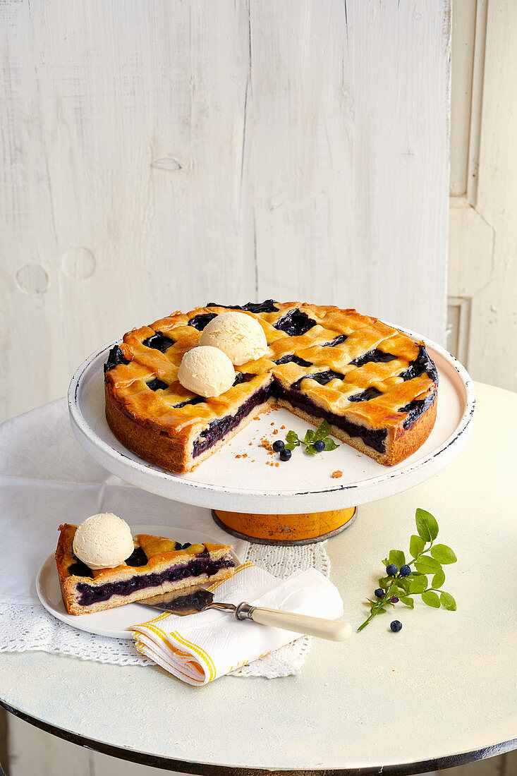 Swedish blueberry tart with vanilla ice cream