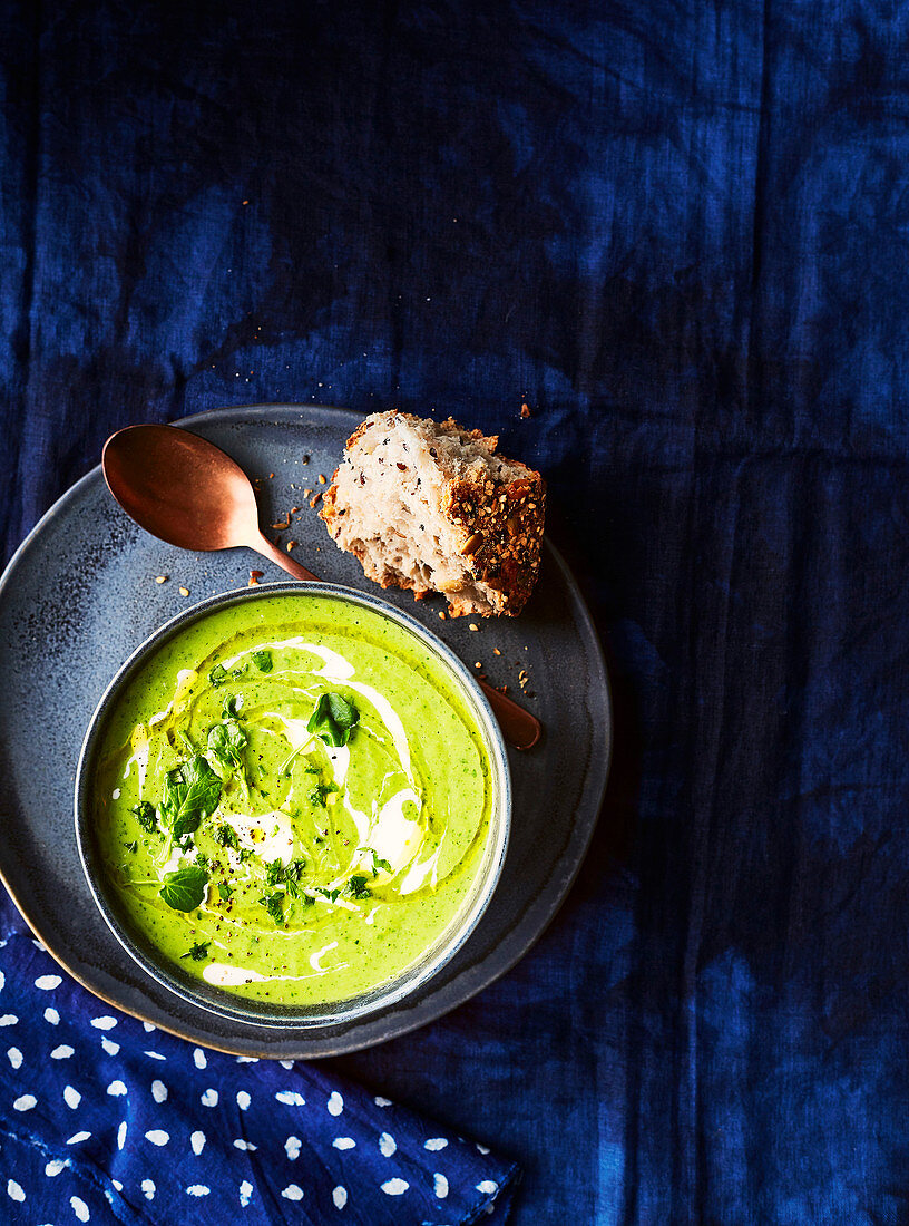 Leek, pea and watercress soup