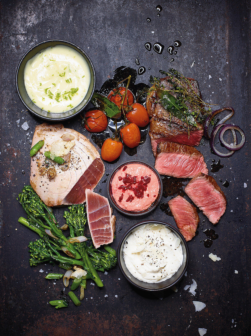 Grilled vegetables, beef steak and tuna with mayonnaise dips