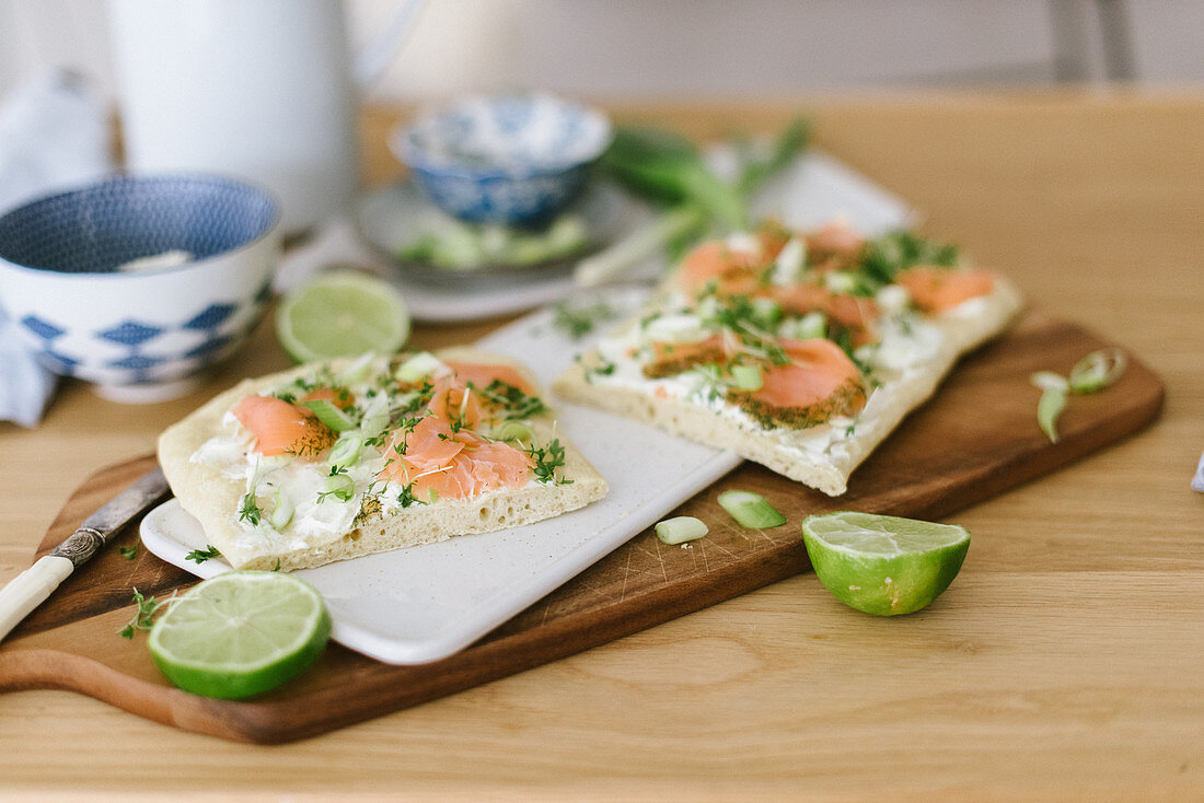 Spring-like pizza with salmon, watercress, and wasabi