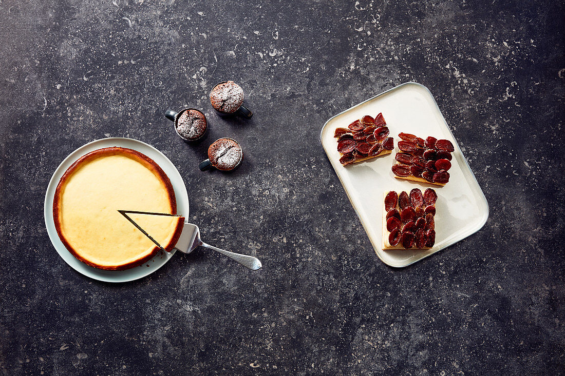 Cheesecake, damson cake, chocolate cake