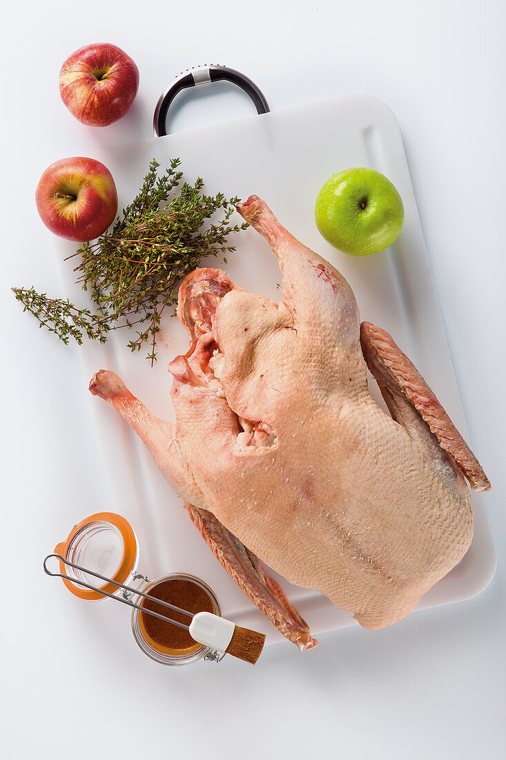A raw goose with apples