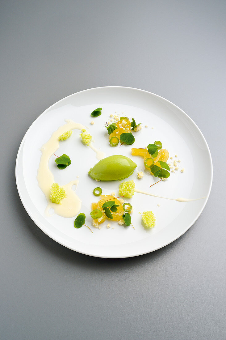 Variations of chickweed with aubergines and aerated chocolate