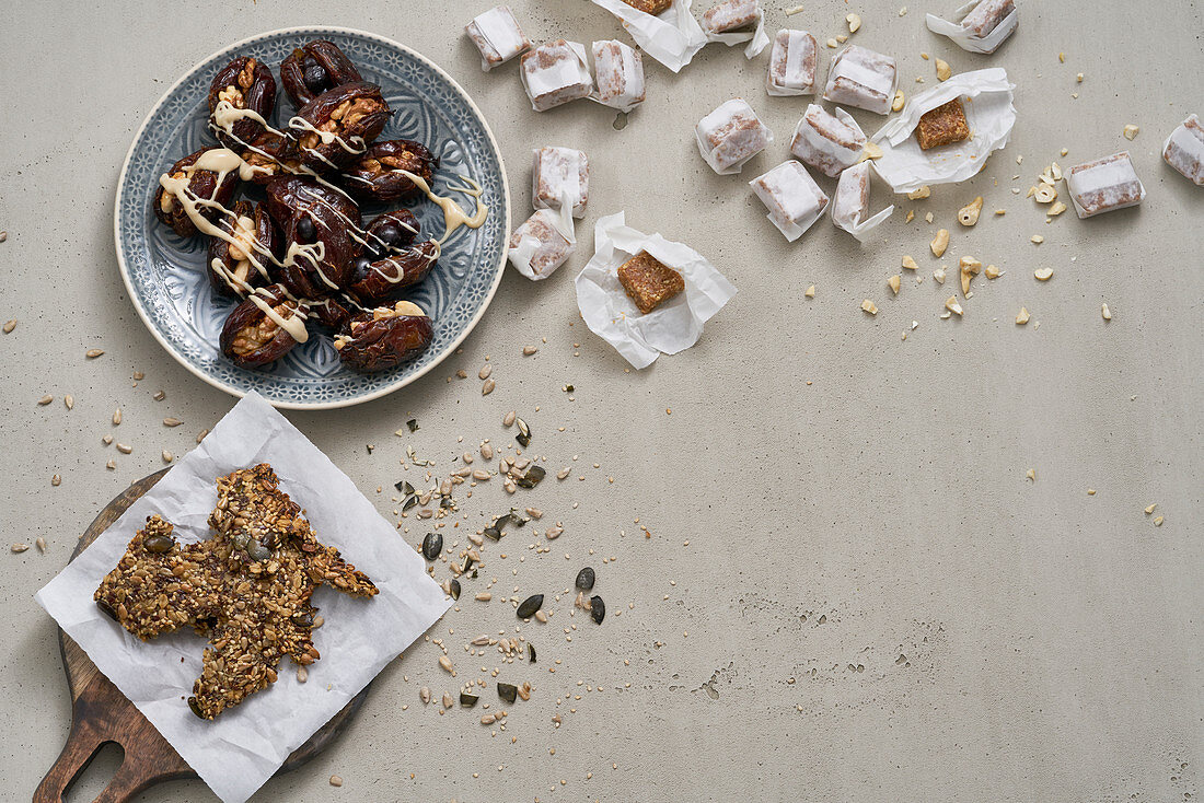 Energy snacks (baked dates, tahini toffee and fruit bread)