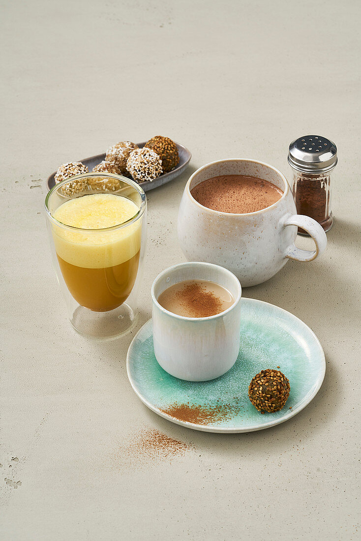 Chai no-tea latte, turmeric latte and hot mint chocolate