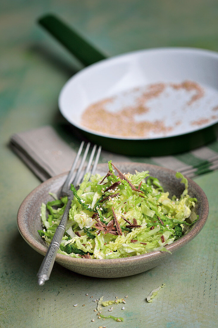 Savoy cabbage with amaranth popcorn