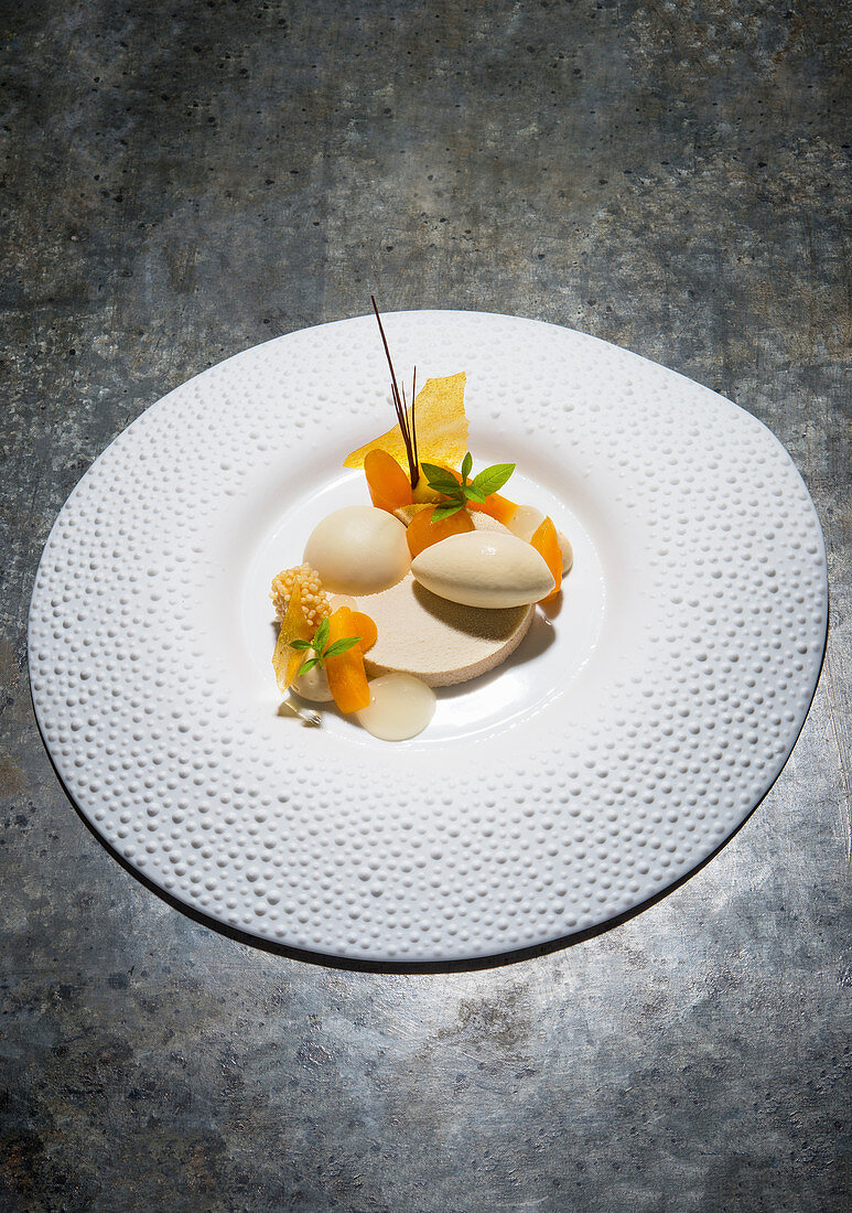 Apricots with Dulcey chocolate and lemon verbena ice cream