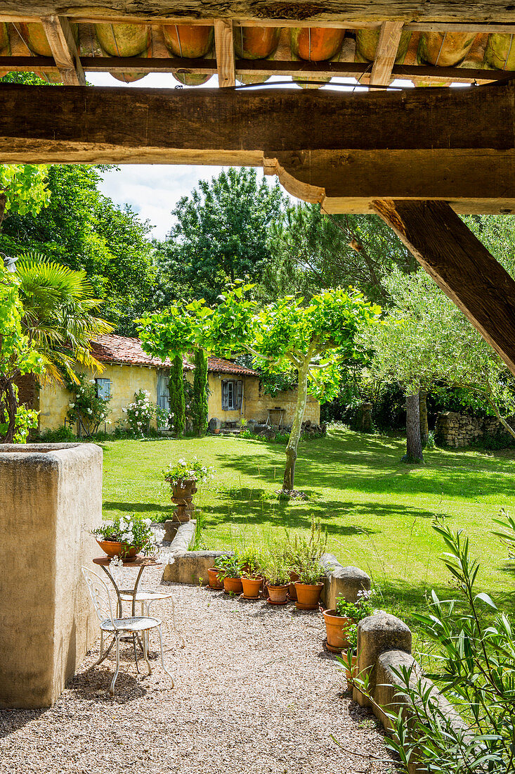 View from veranda with wooden roof into sunny garden