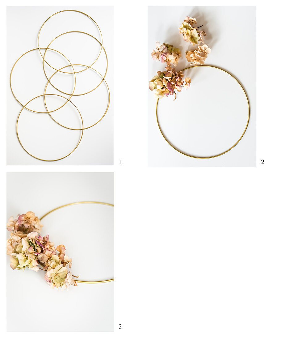 Instructions for decorating a golden ring with dried hydrangeas
