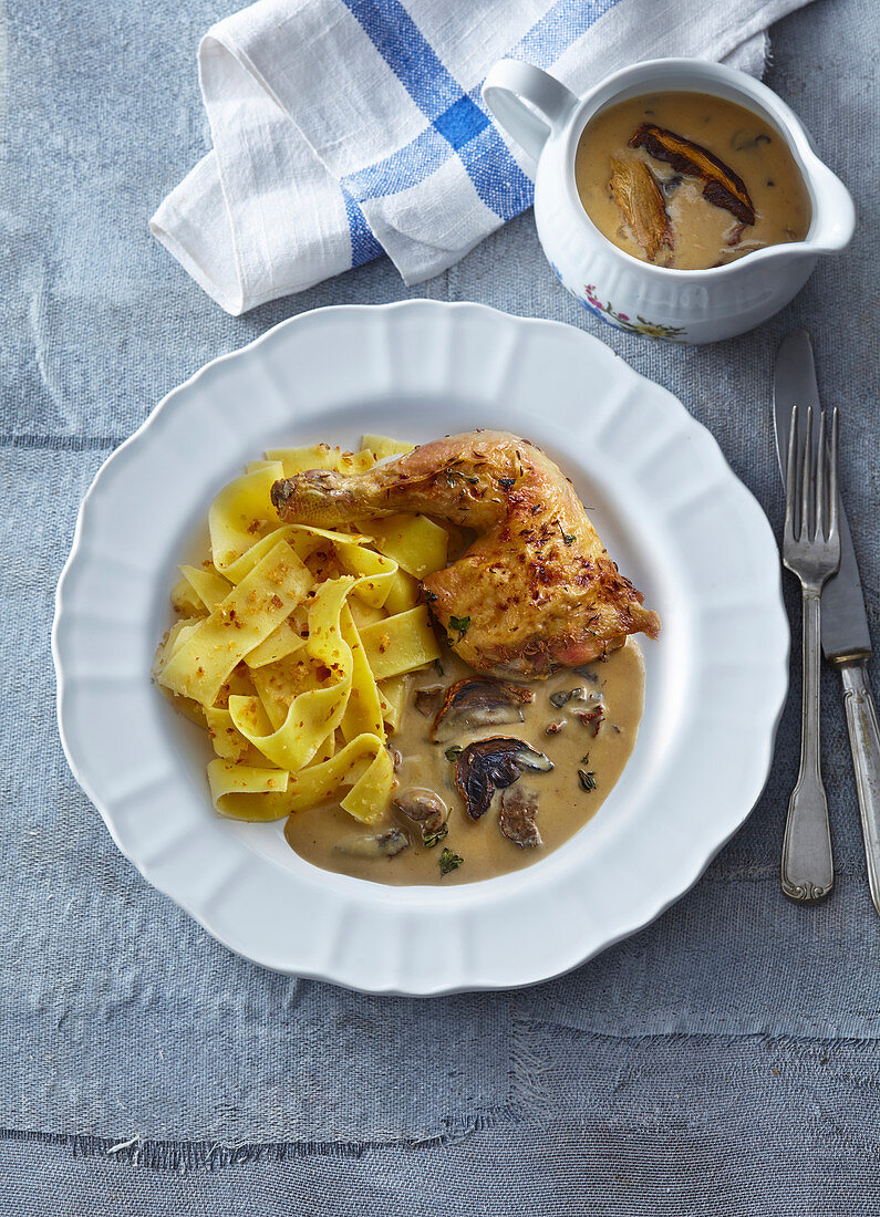 Baked chicken leg with mushroom sauce