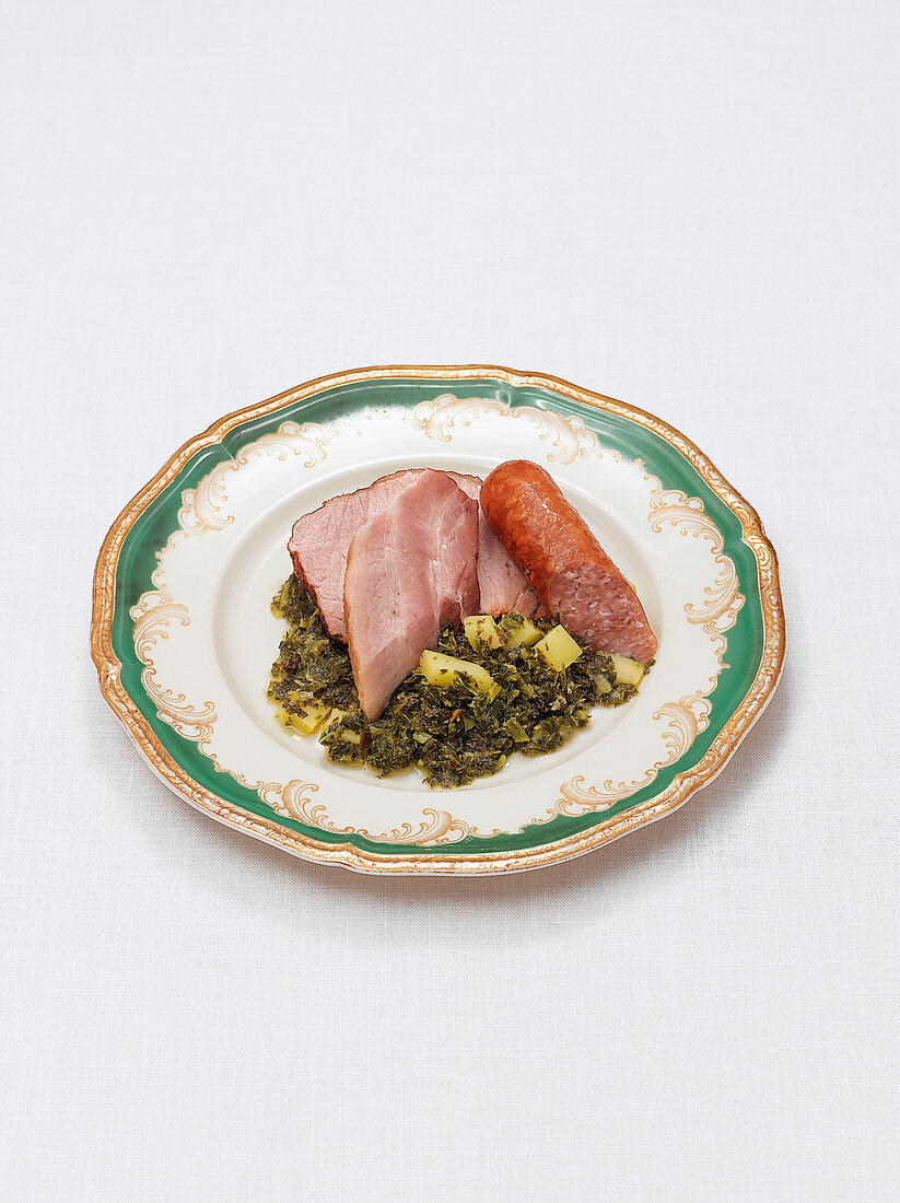 Kale with Mettwurst (smoked pork sausage) and gammon