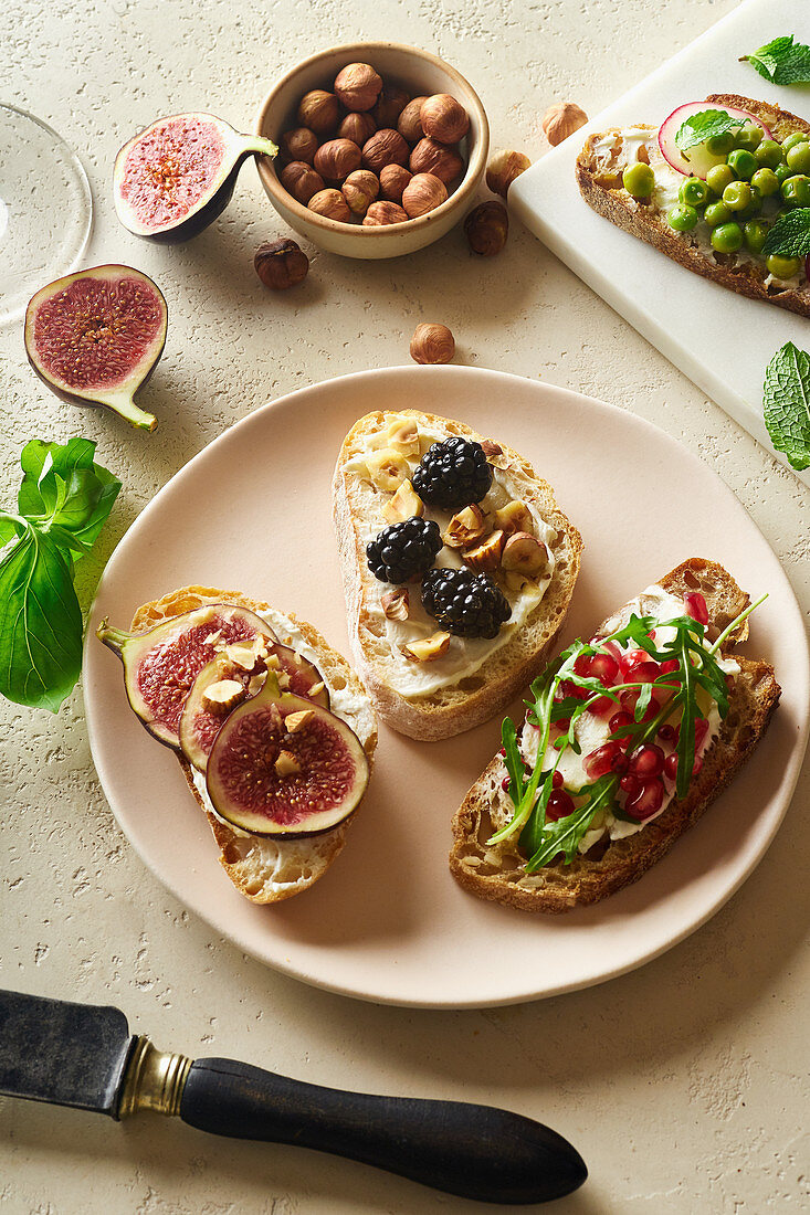 Various bruschettas with toppings