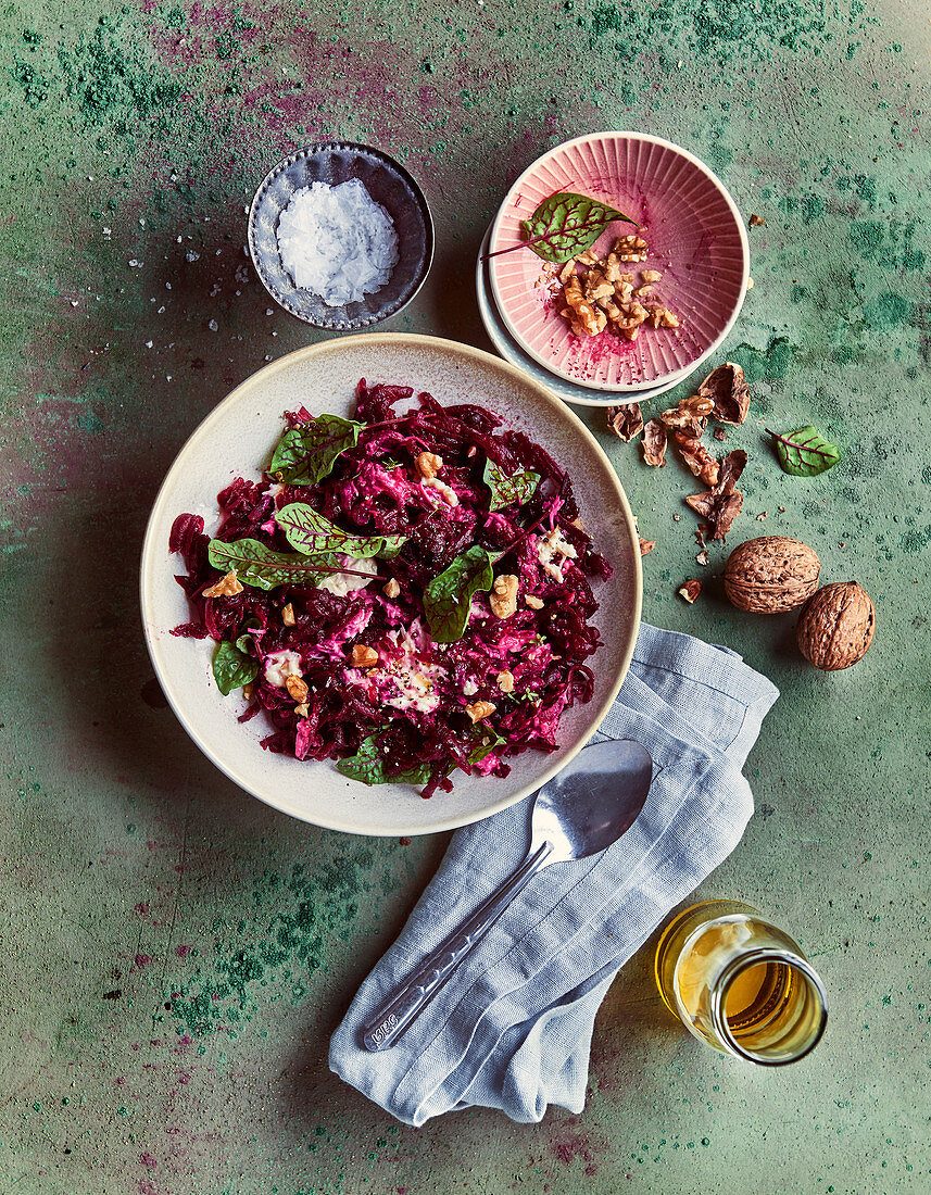 Beetroot and horseradish dip with sorrel and walnuts