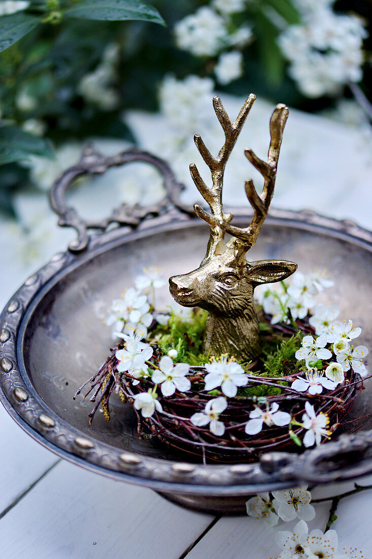 Golden stag head in wreath of twigs and blackthorn flowers