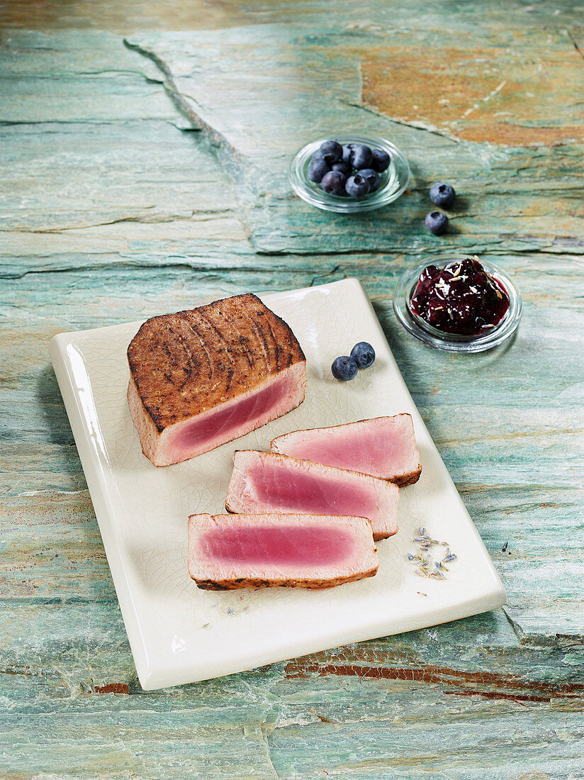 Tuna steak made in a Beefer with blueberry chutney