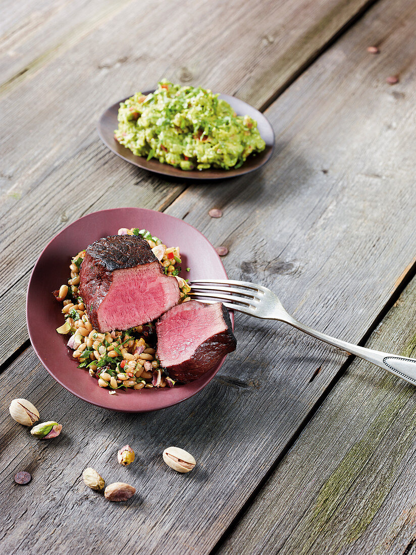 Wagyu rump steak made in a Beefer with a herb spelt salad and guacamole