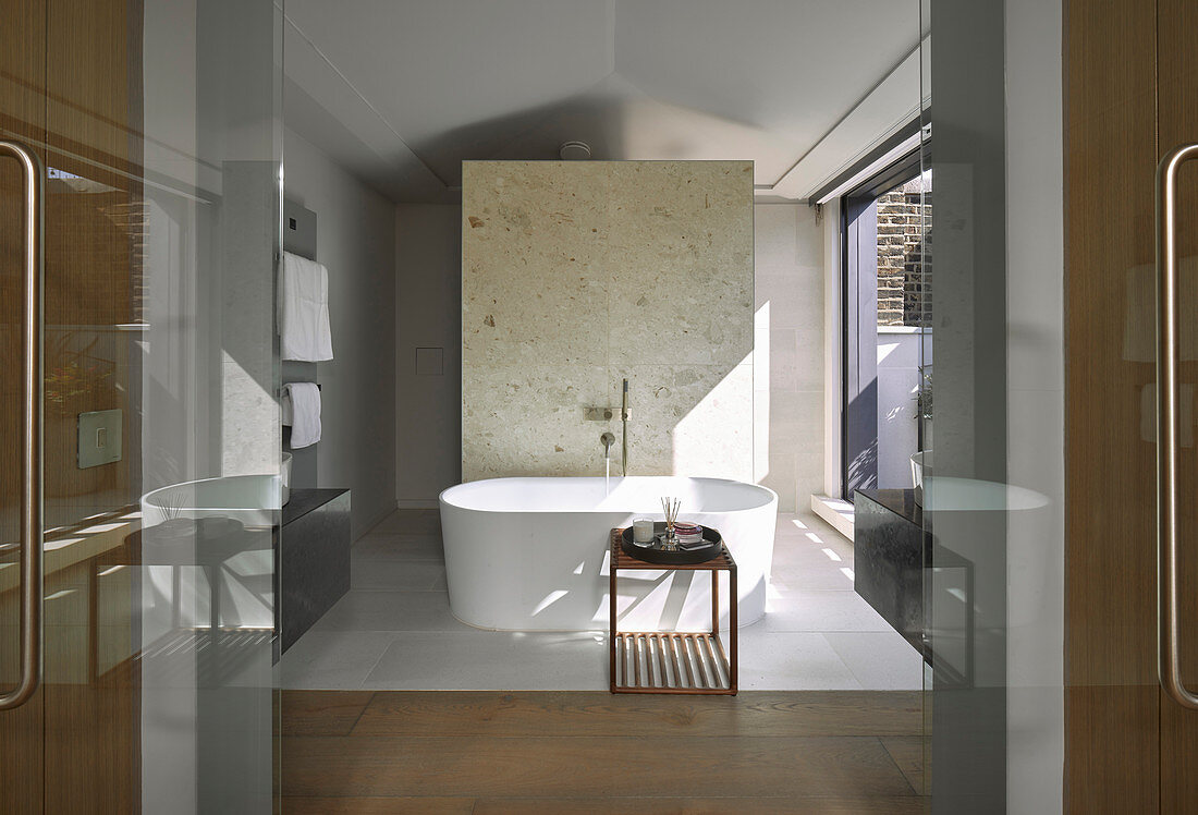 Free-standing bathtub in luxurious bathroom with sunlight falling through window