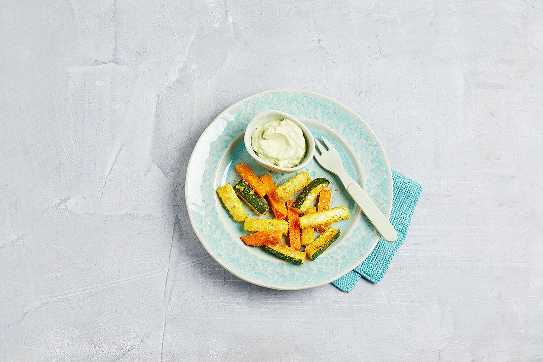 Oven cooked vegetables with a polenta coating