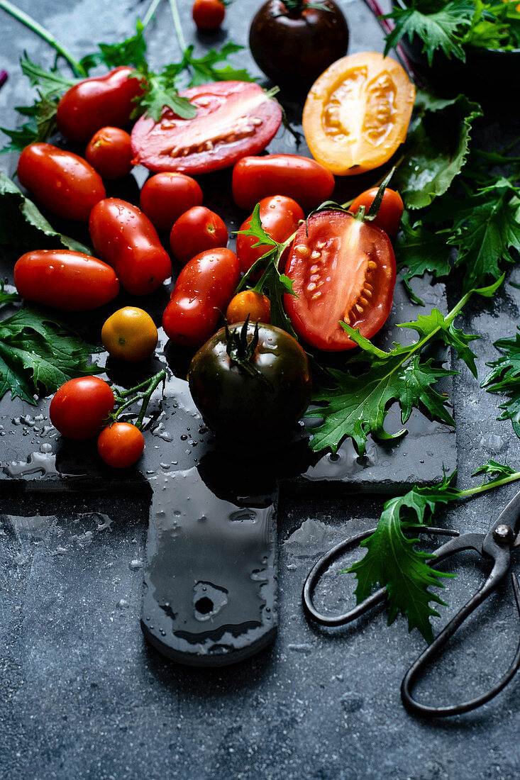 Tomatoes and green leaves