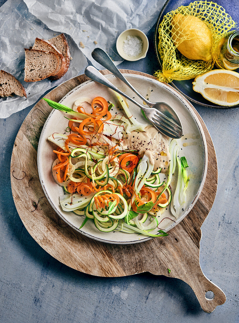 Courgette, carrot and fennel salad with Tajin sauce