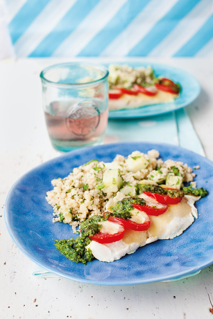 Rose fish parcels with tomatoes, pesto and mozzarella