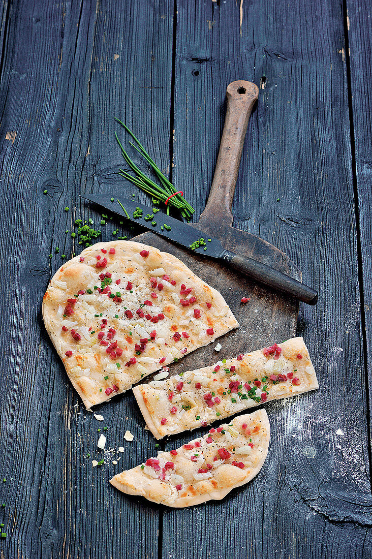 Classic tarte flambée with bacon and chives