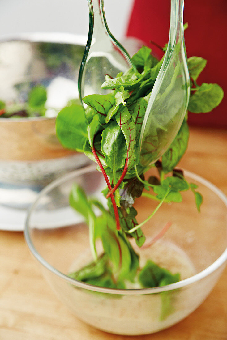 Wild herb salad being served with salad tongs