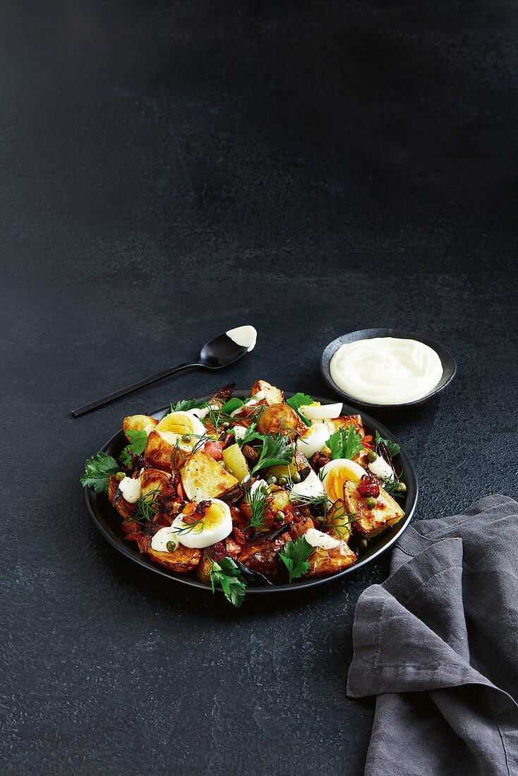 Creamy potato salad with maple syrup-candied bacon