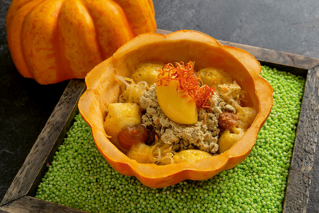 Sweet-and-sour pumpkin with roasted butternut cream
