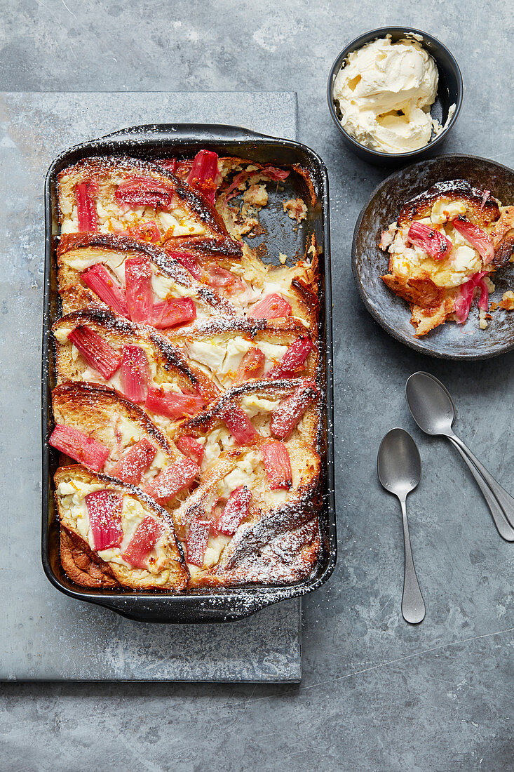 Rhubarb and ricotta bread and butter pudding